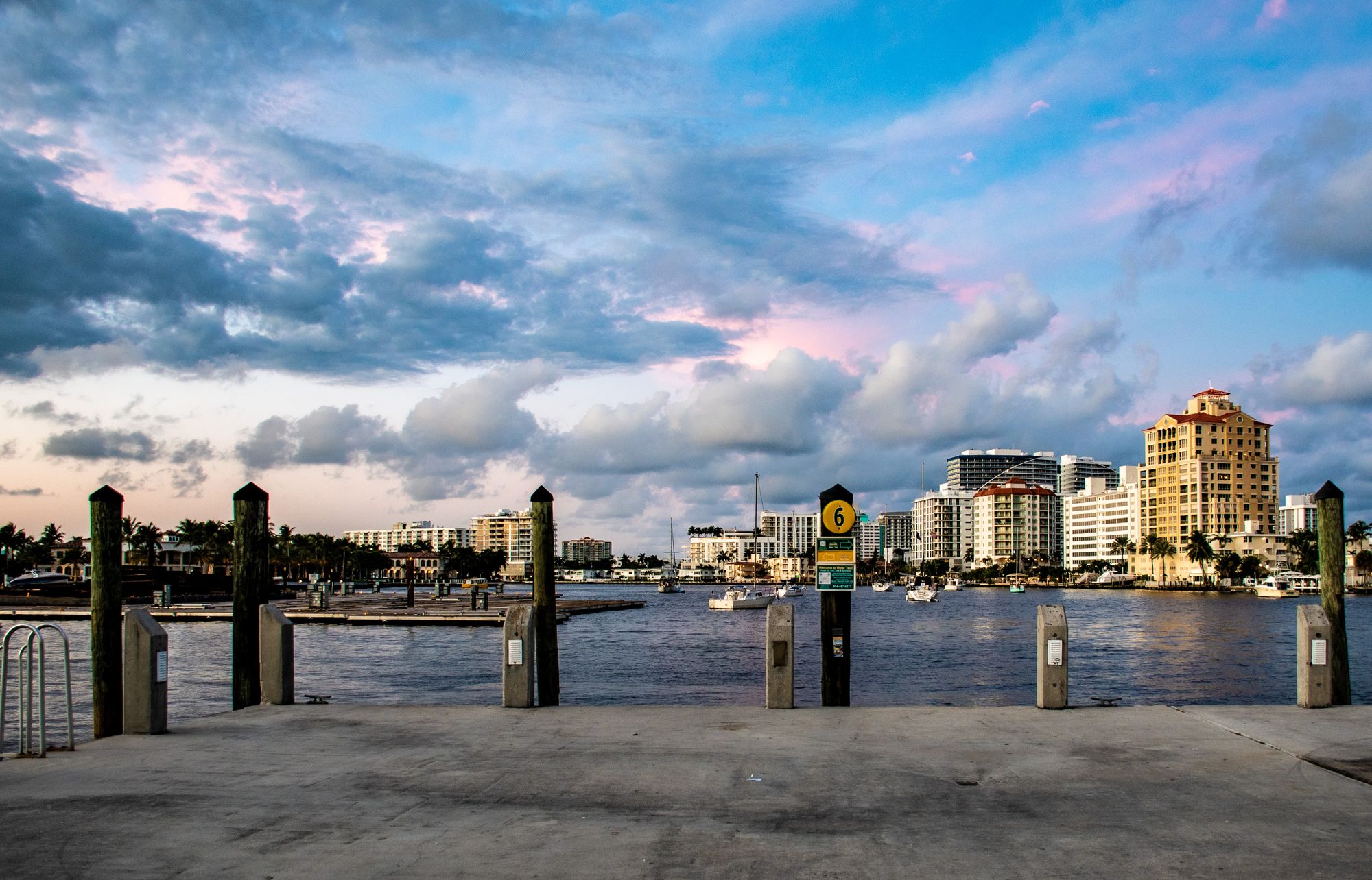 West Palm Beach downtown waterfront with royal palms and white towers at first light
